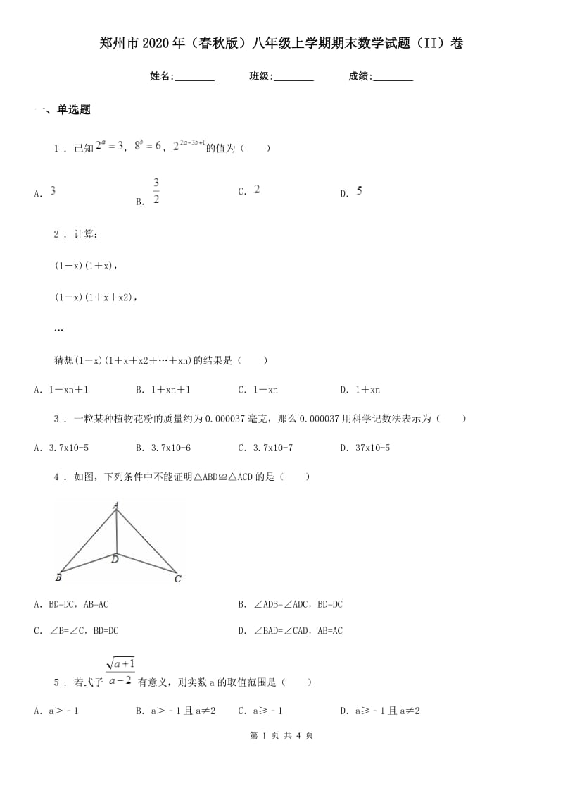 郑州市2020年（春秋版）八年级上学期期末数学试题（II）卷-1_第1页