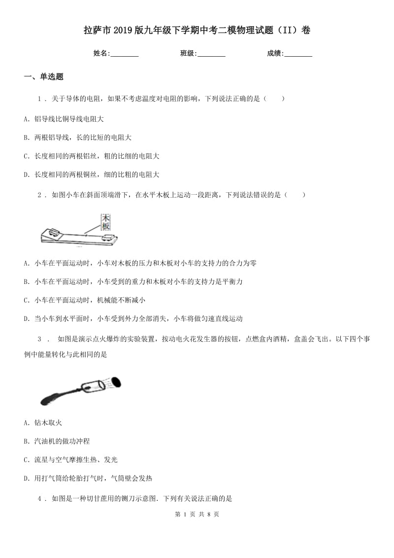 拉萨市2019版九年级下学期中考二模物理试题（II）卷_第1页