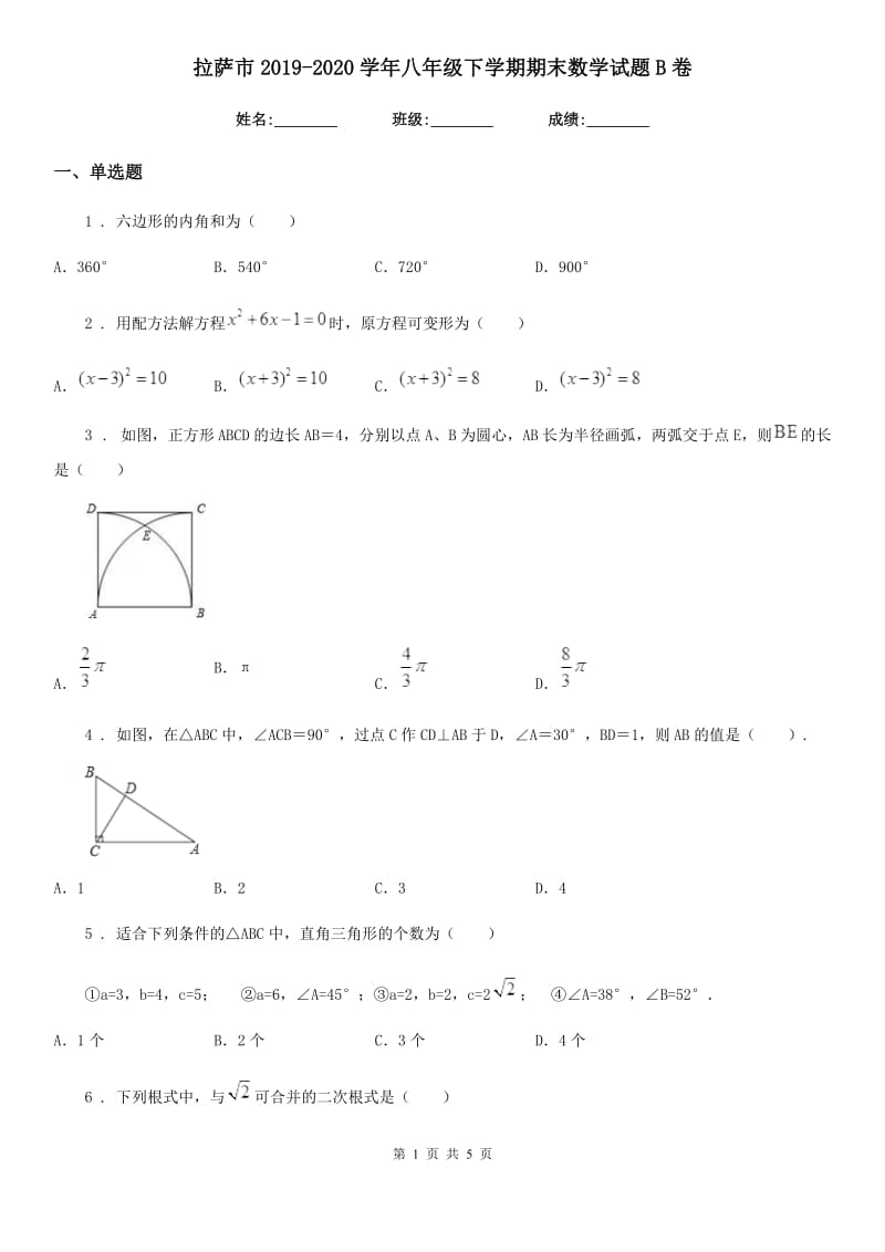 拉萨市2019-2020学年八年级下学期期末数学试题B卷_第1页