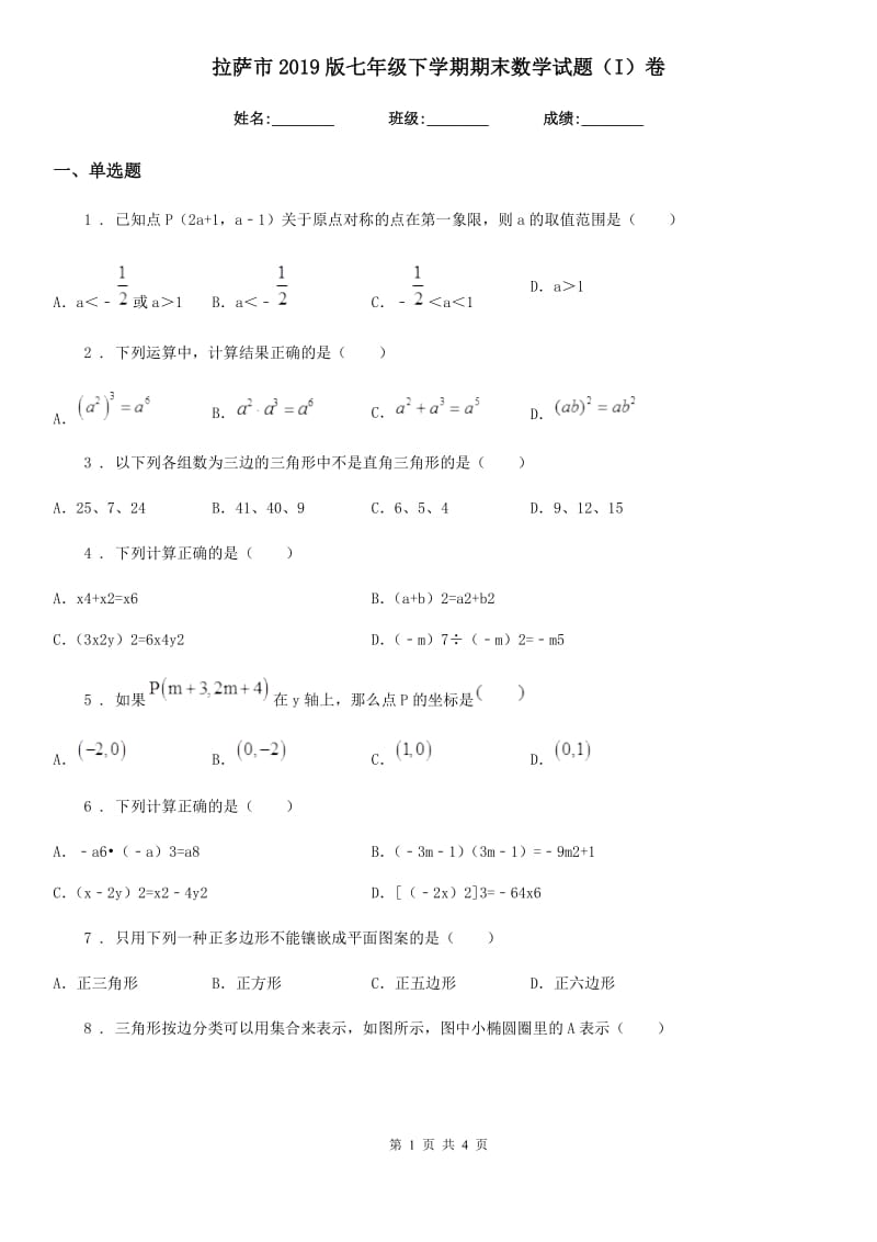 拉萨市2019版七年级下学期期末数学试题（I）卷_第1页