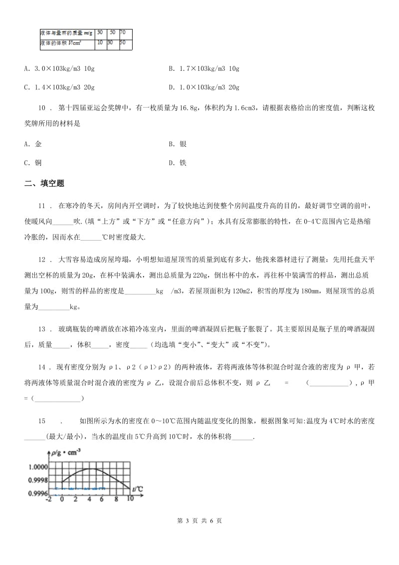 合肥市2020版物理八年级上册 第六章 质量与密度 第4节 密度与社会生活D卷_第3页