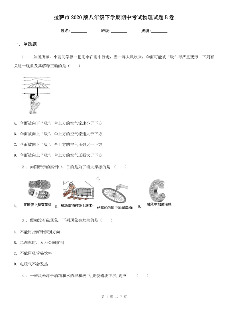 拉萨市2020版八年级下学期期中考试物理试题B卷_第1页