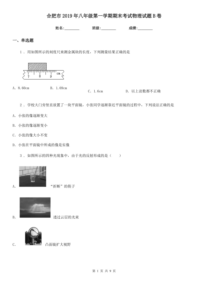 合肥市2019年八年级第一学期期末考试物理试题B卷_第1页