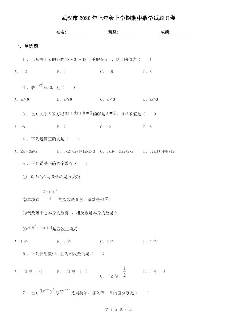 武汉市2020年七年级上学期期中数学试题C卷_第1页