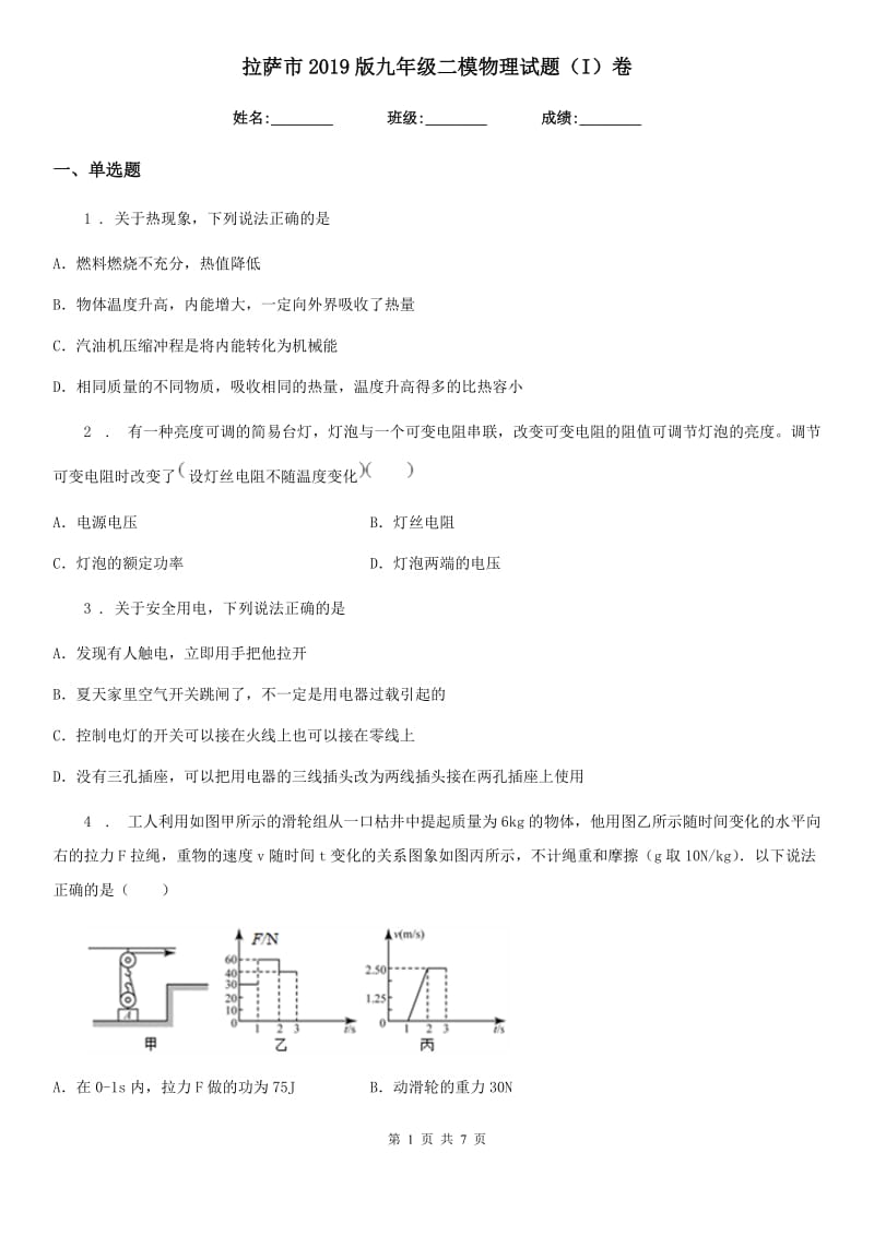 拉萨市2019版九年级二模物理试题（I）卷_第1页