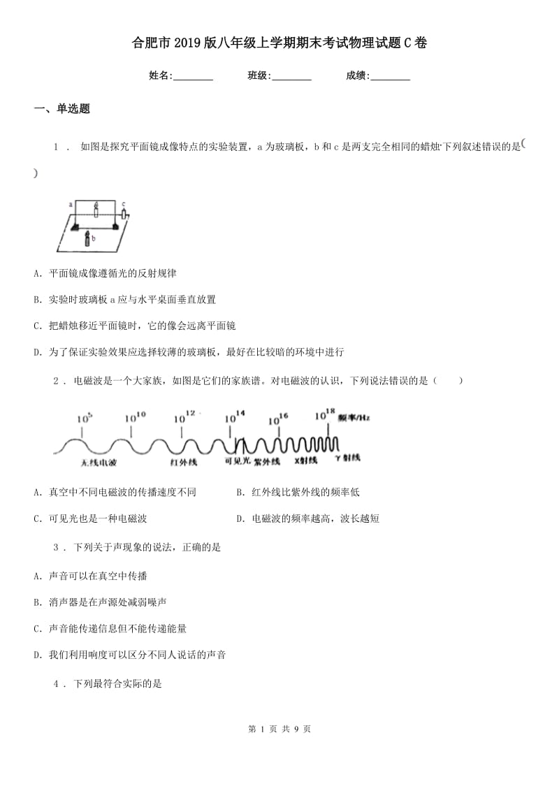 合肥市2019版八年级上学期期末考试物理试题C卷_第1页