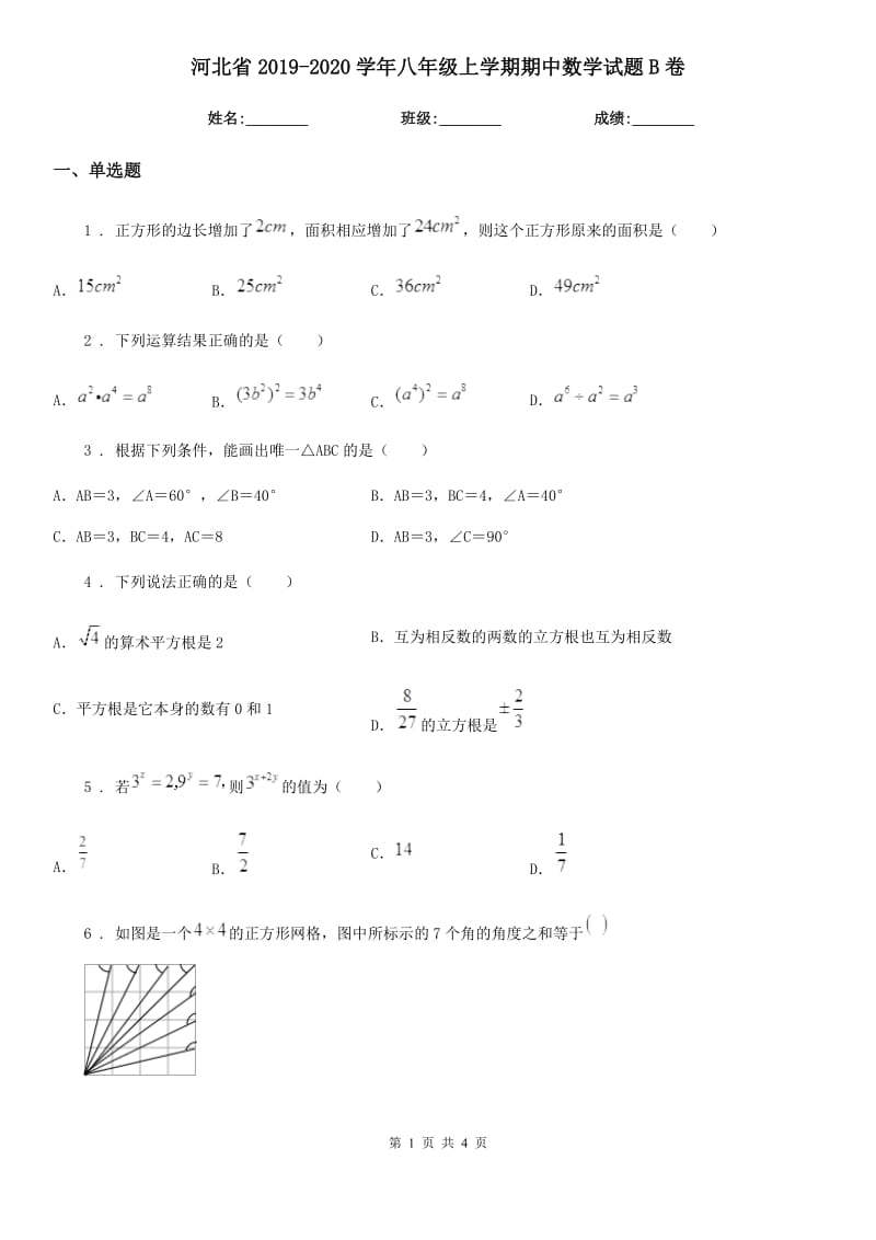 河北省2019-2020学年八年级上学期期中数学试题B卷_第1页