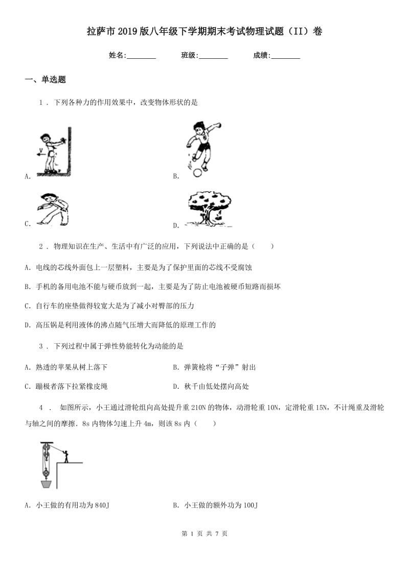 拉萨市2019版八年级下学期期末考试物理试题（II）卷_第1页