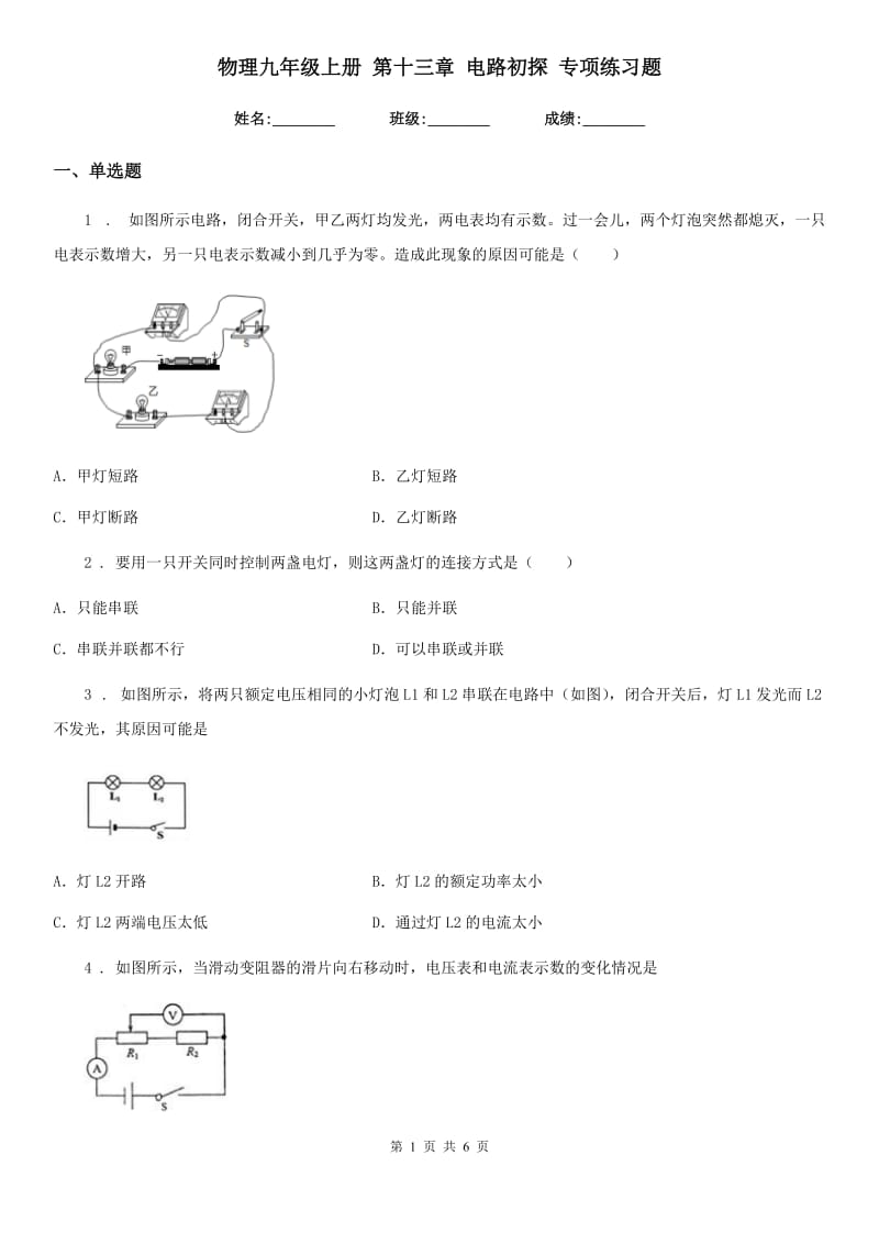 物理九年级上册 第十三章 电路初探 专项练习题_第1页