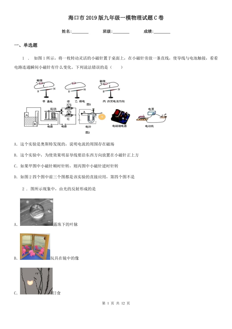 海口市2019版九年级一模物理试题C卷_第1页