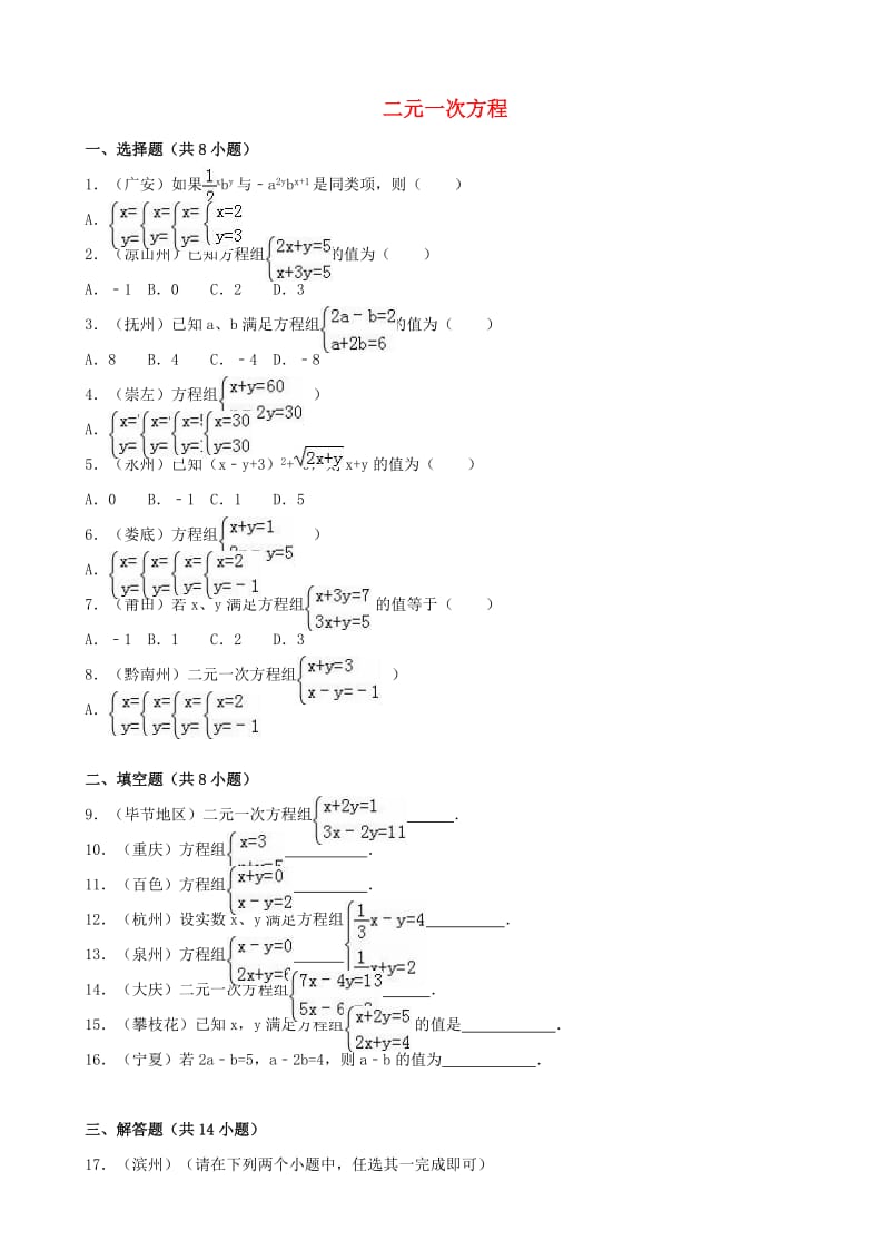 中考数学专题训练（二）二元一次方程 浙教版_第1页