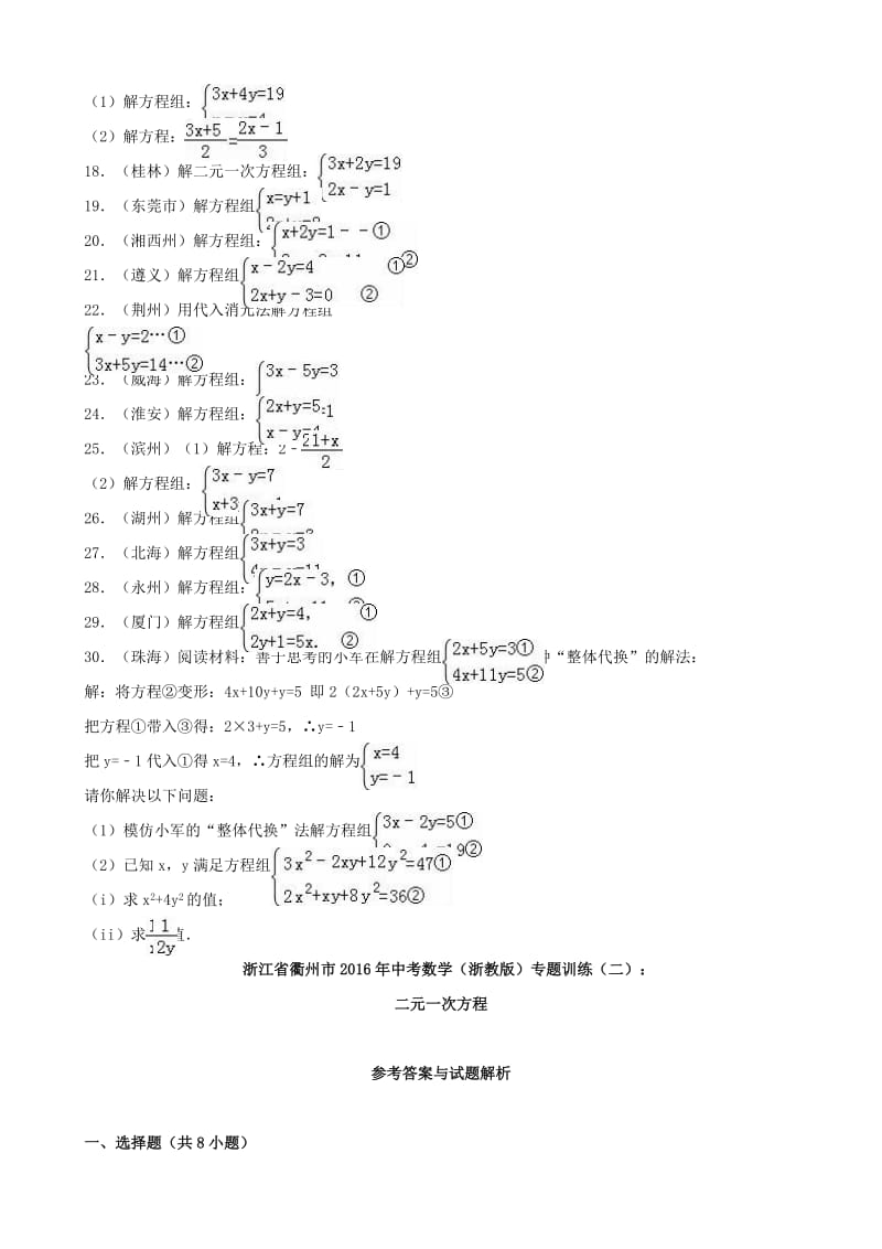 中考数学专题训练（二）二元一次方程 浙教版_第2页