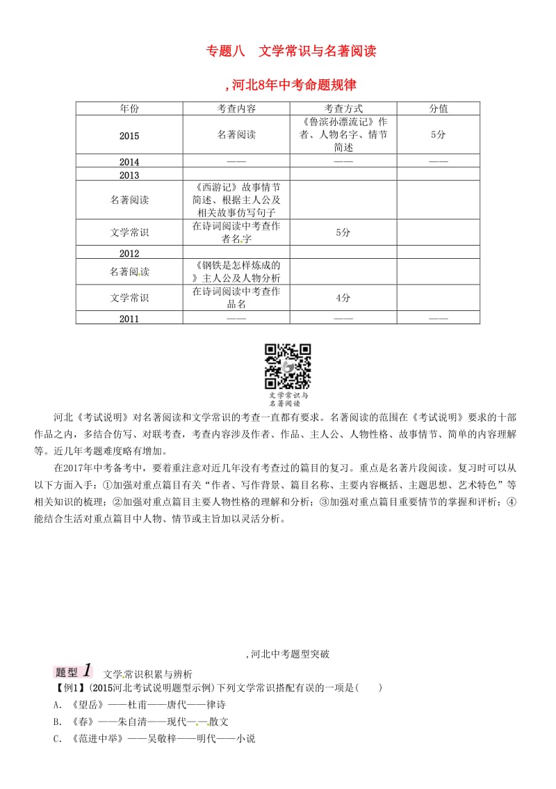 中考语文总复习 第二编 积累与运用篇 专题八 文学常识与名著阅读1_第1页