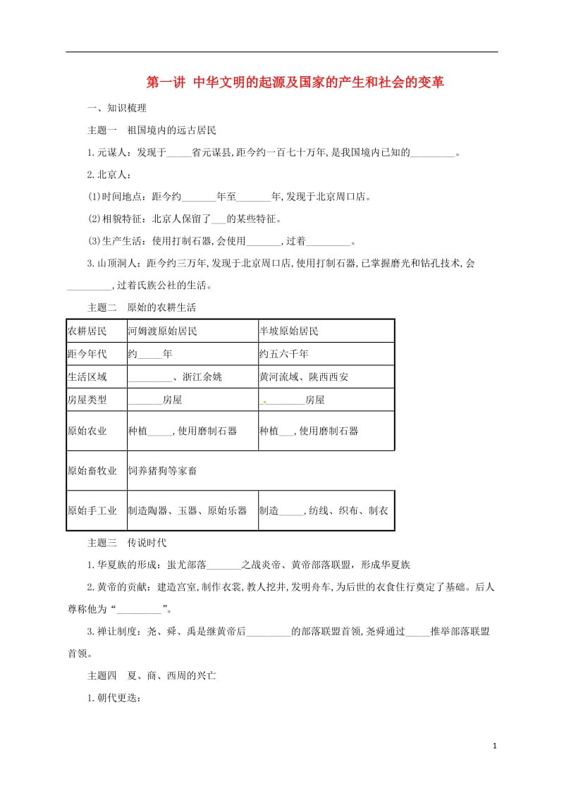 中考历史一轮专题复习 中华文明的起源及国家的产生和社会的变革导学案1_第1页