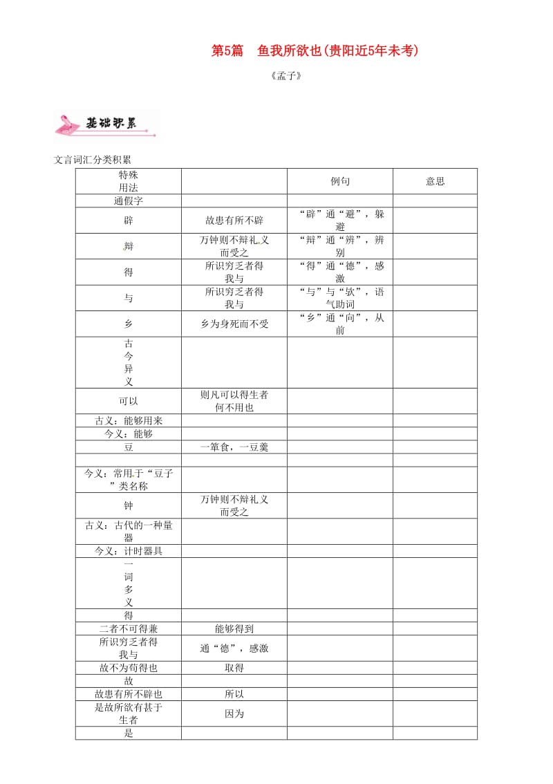 中考语文命题研究 第二编 古诗知识梳理 专题十一 文言文(二)课内7篇文言文阅读训练 第5篇 鱼我所欲也精讲_第1页