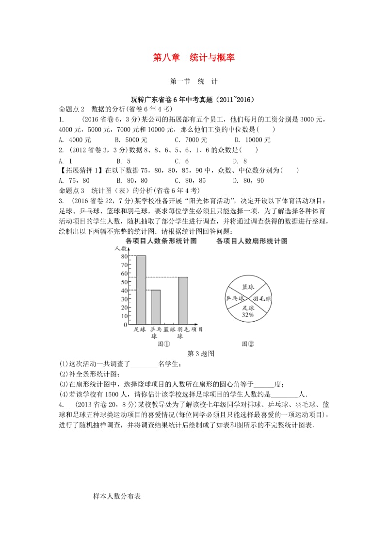 中考数学 第一部分 考点研究 第八章 统计与概率 第一节 统计试题_第1页