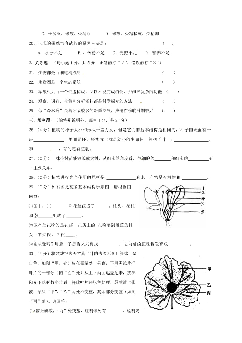 七年级生物上学期期末考试试题 新人教版 (3)_第3页