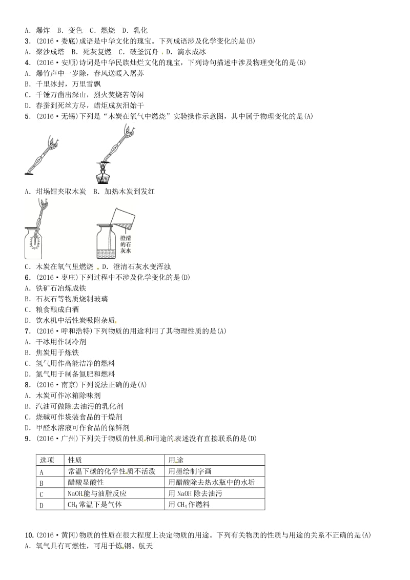 中考化学总复习 考点解读 各个击破 主题三 物质的化学变化 第11讲 物质的变化和性质习题 新人教版_第2页