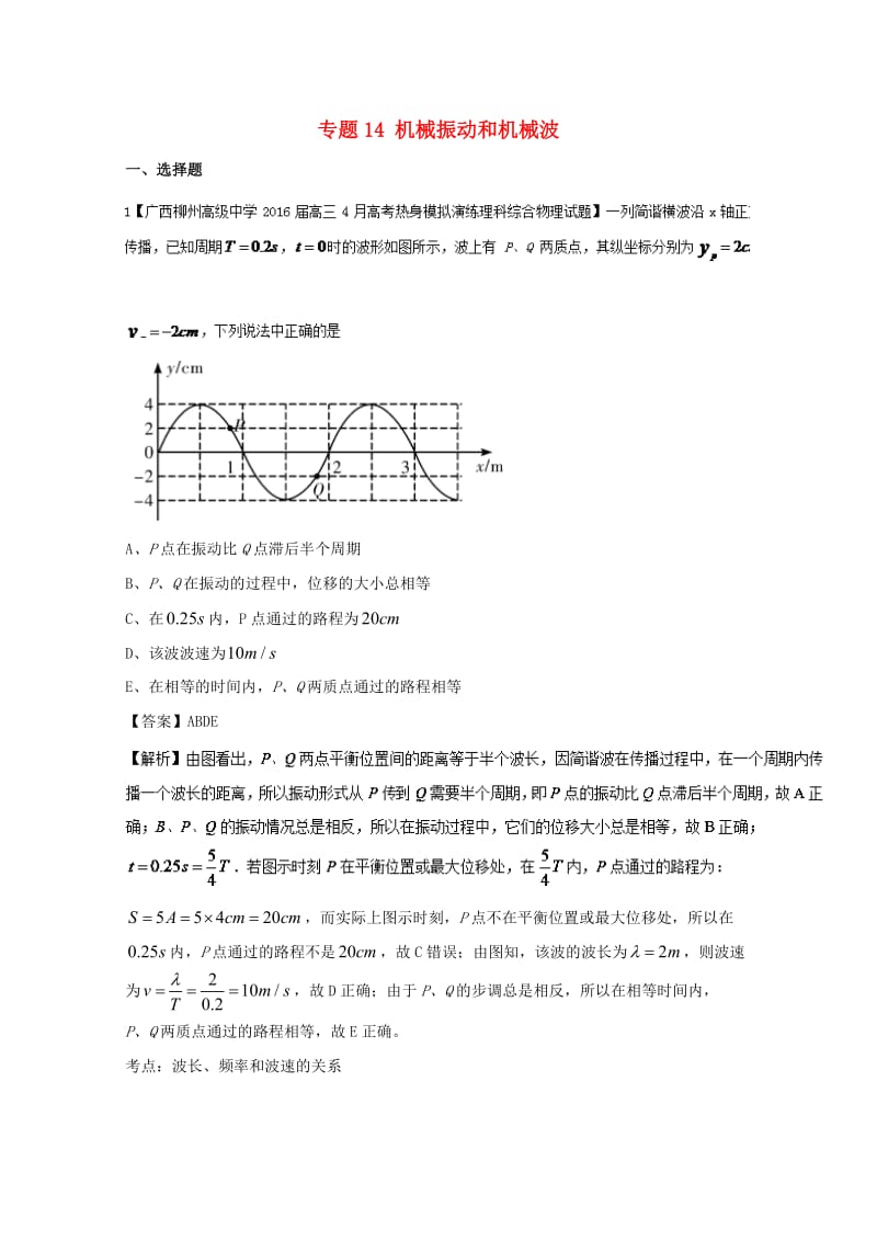 高三物理（第01期）好题速递分项解析汇编 专题14 机械振动和机械波（选修3-4）（含解析）_第1页