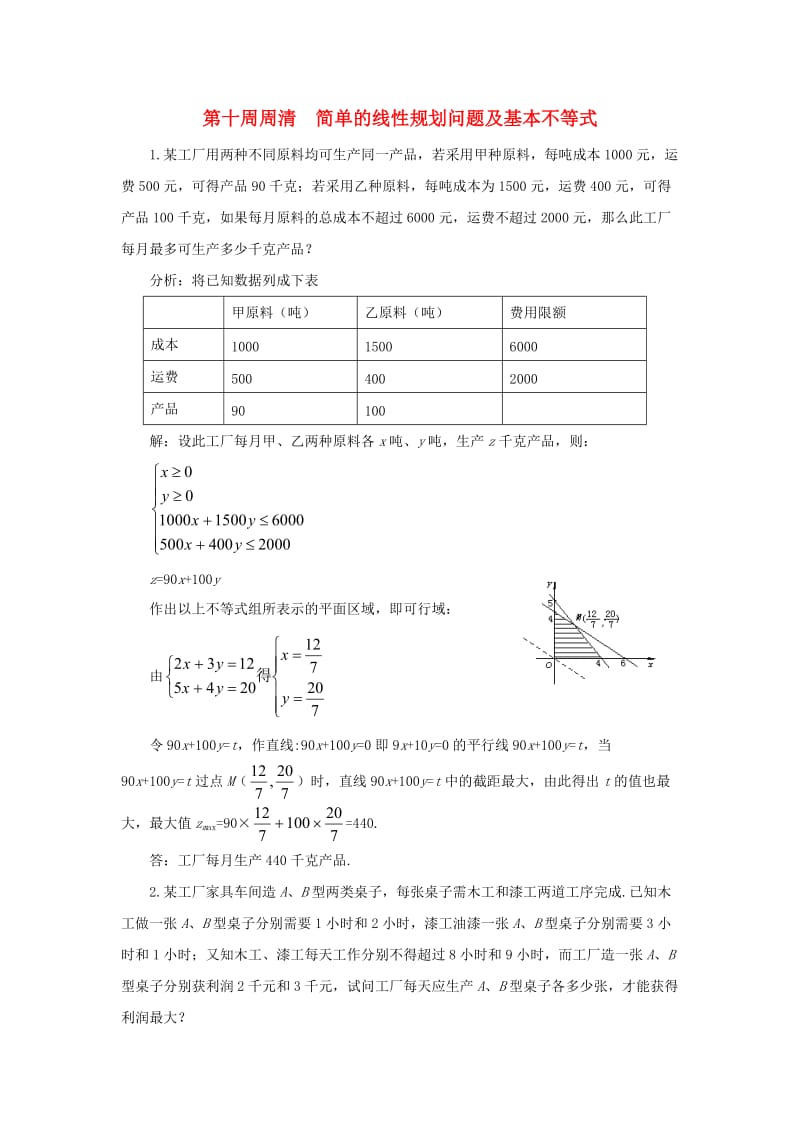 高一数学上学期周清 第十周周清 简单的线性规划问题及基本不等式_第1页