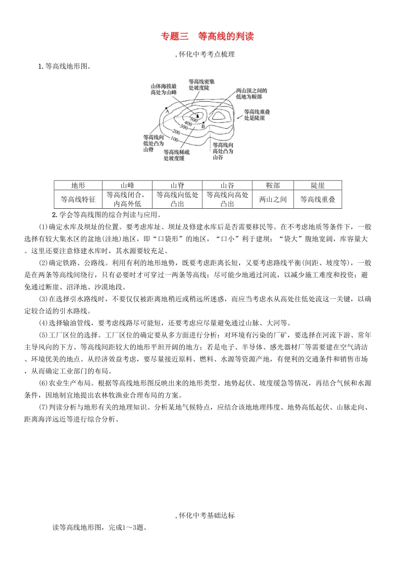 中考命题研究（怀化专版）2017中考地理 专题突破三 等高线的判读精讲精练1_第1页