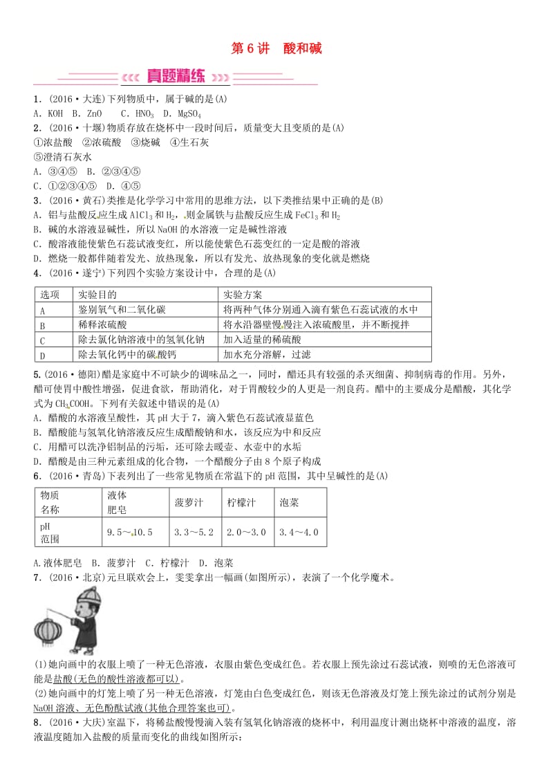 中考化学总复习 考点解读 各个击破 主题一 身边的化学物质 第6讲 酸和碱习题 新人教版_第1页