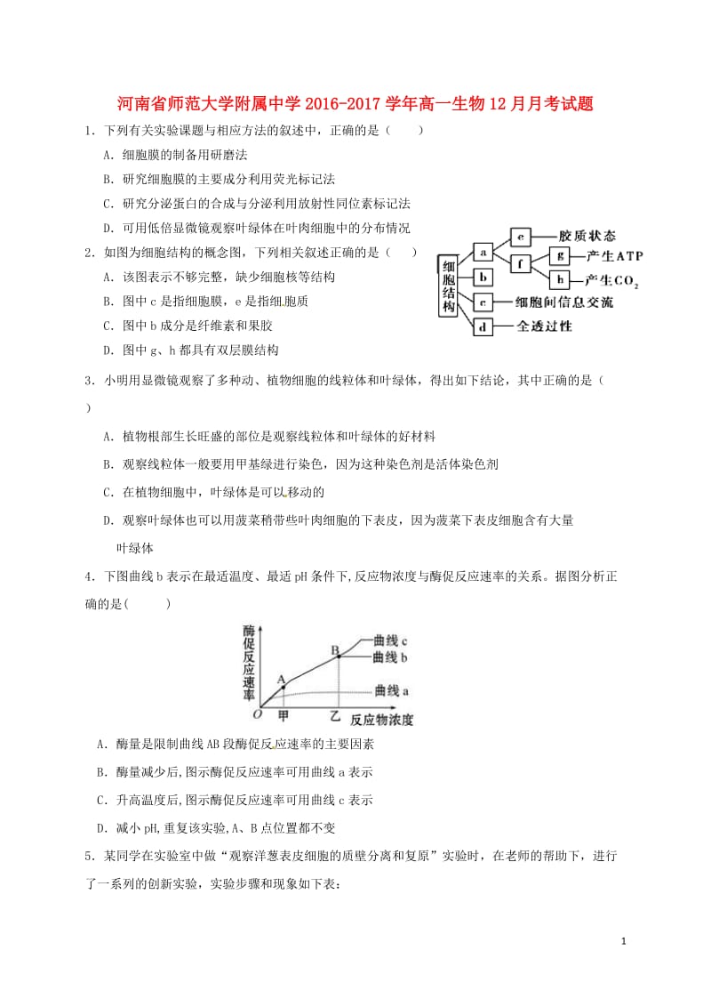 高一生物12月月考试题6_第1页