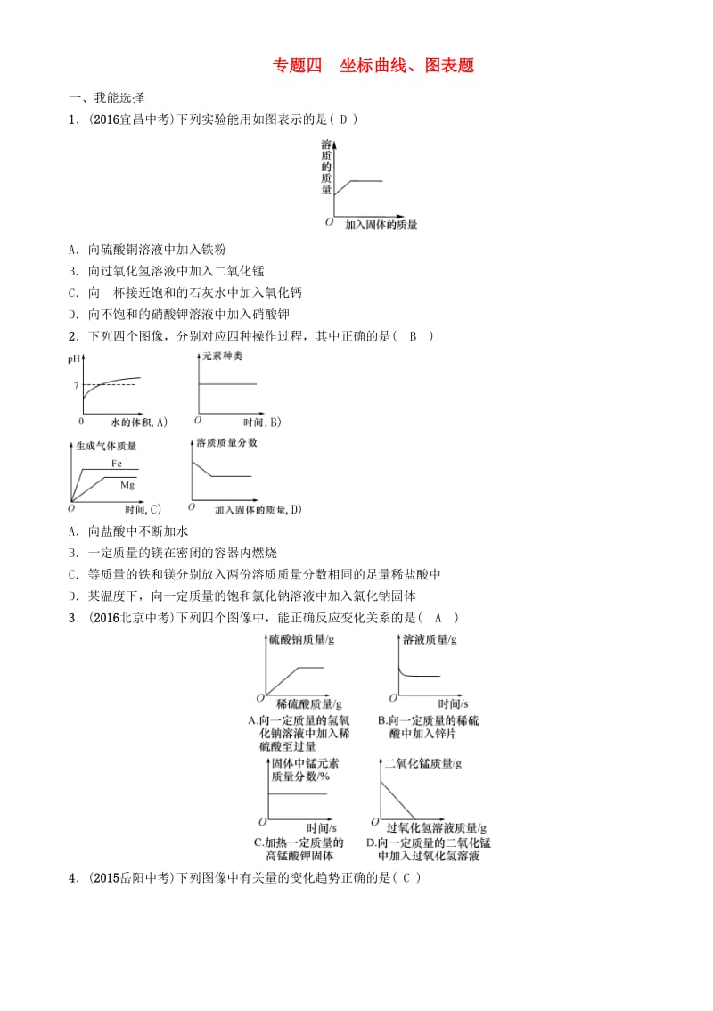 中考化学命题研究 第二编 重点题型突破篇 专题四 坐标曲线、图表题（精练）试题_第1页