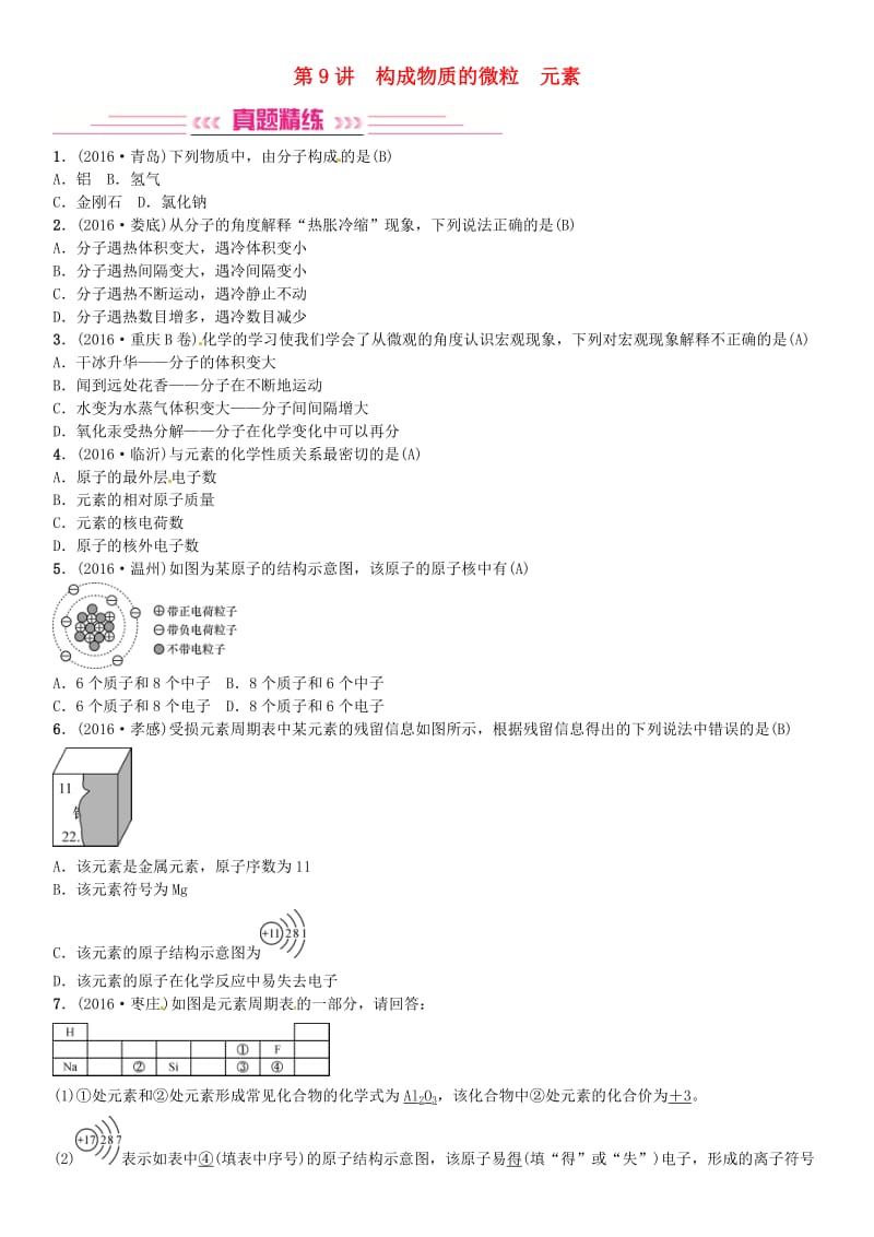 中考化学总复习 考点解读 各个击破 主题二 物质构成的奥秘 第9讲 构成物质的微粒 元素习题 新人教版_第1页