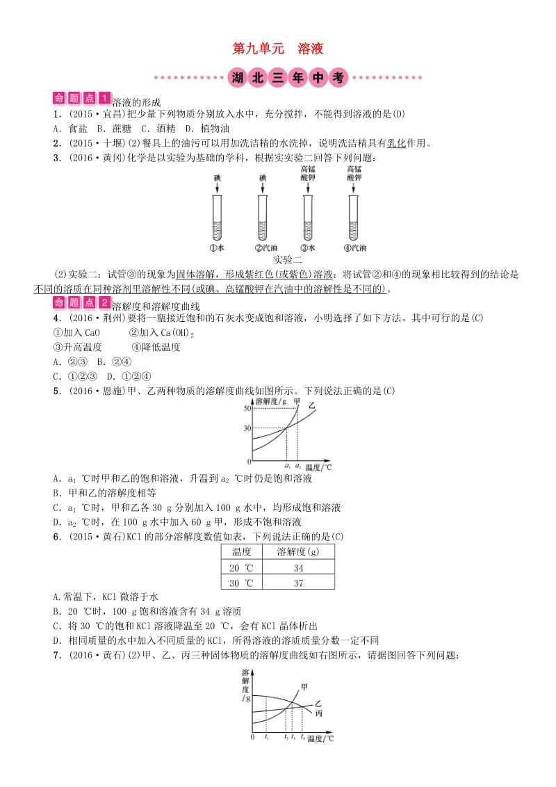 中考化学总复习 教材考点梳理 第九单元 溶液试题1_第1页