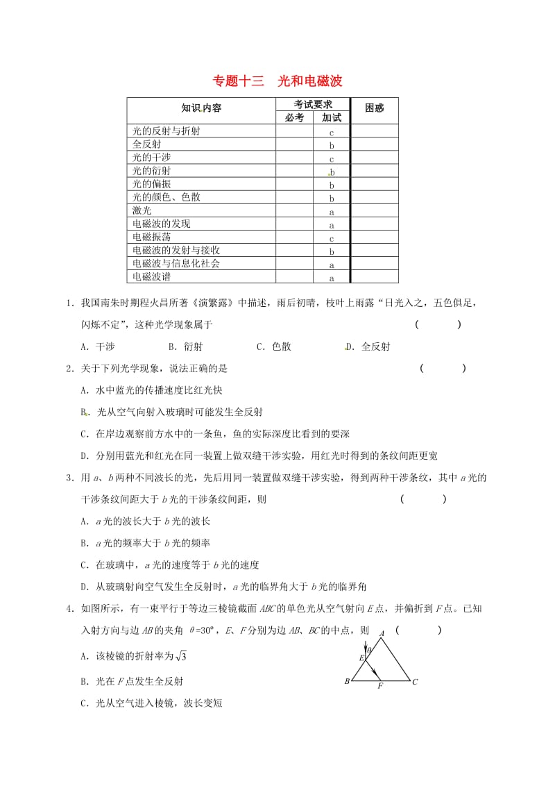 高三物理二轮复习 专题13 光和电磁波练习_第1页