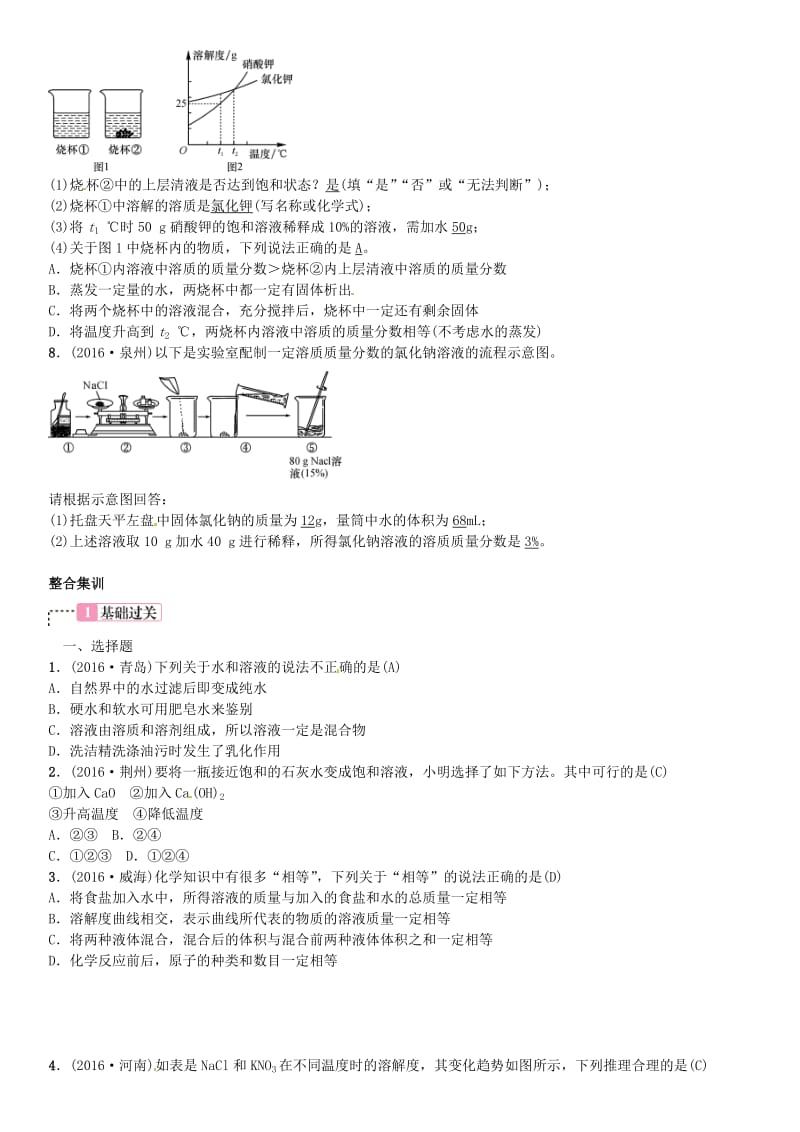 中考化学总复习 考点解读 各个击破 主题一 身边的化学物质 第4讲 溶液习题 新人教版_第2页