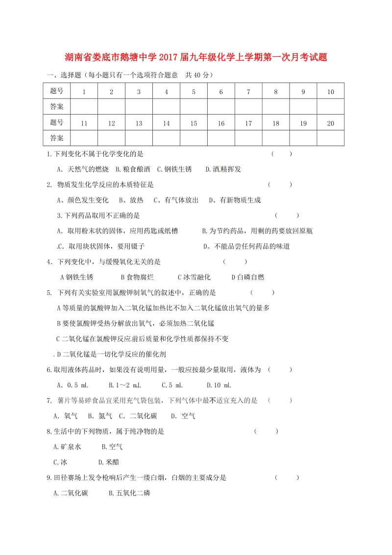 九年级化学上学期第一次月考试题 新人教版11_第1页