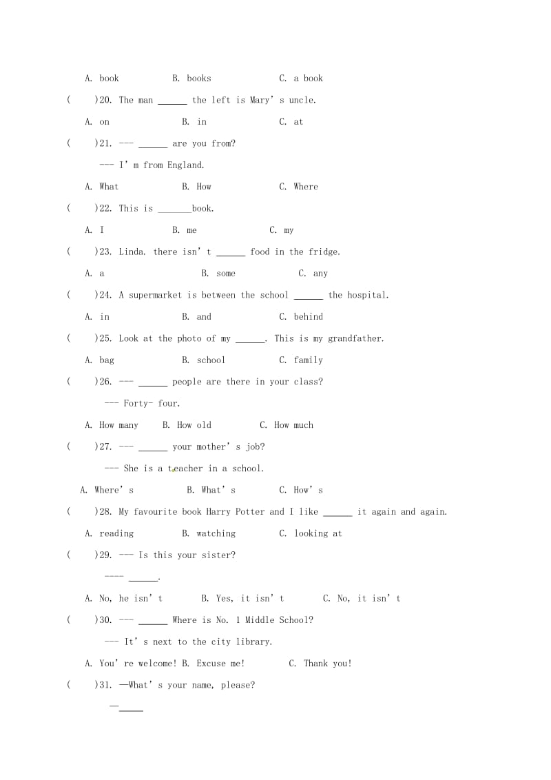 七年级英语上学期期中试题 人教新目标版6_第3页