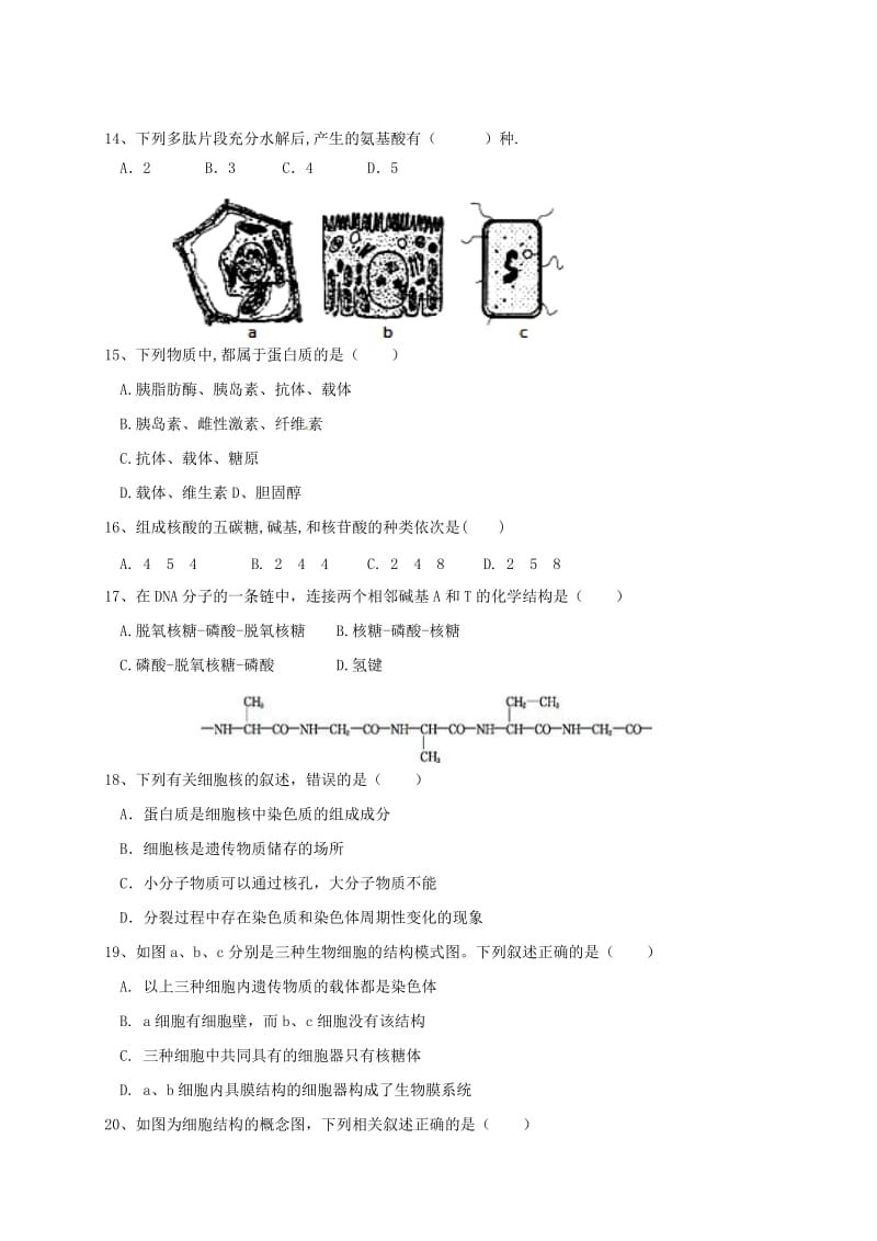 高一生物12月月考试题（无答案）_第3页