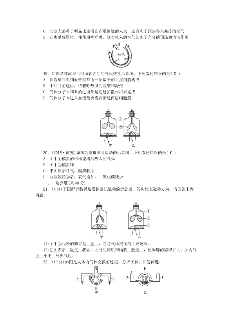 七年级生物下册 第四单元 第三章 人体的呼吸测试题 （新版）新人教版_第3页