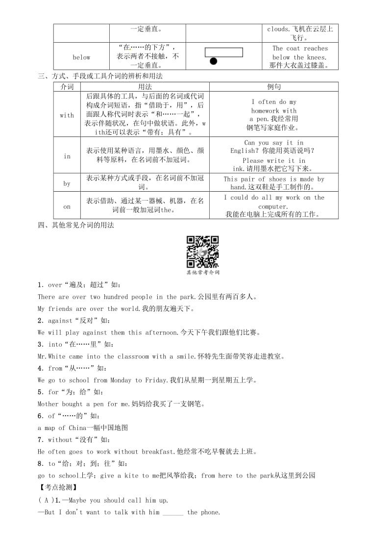 中考英语命题研究 第二编 语法专题突破篇 专题五 介词和介词短语（精讲）试题1_第3页