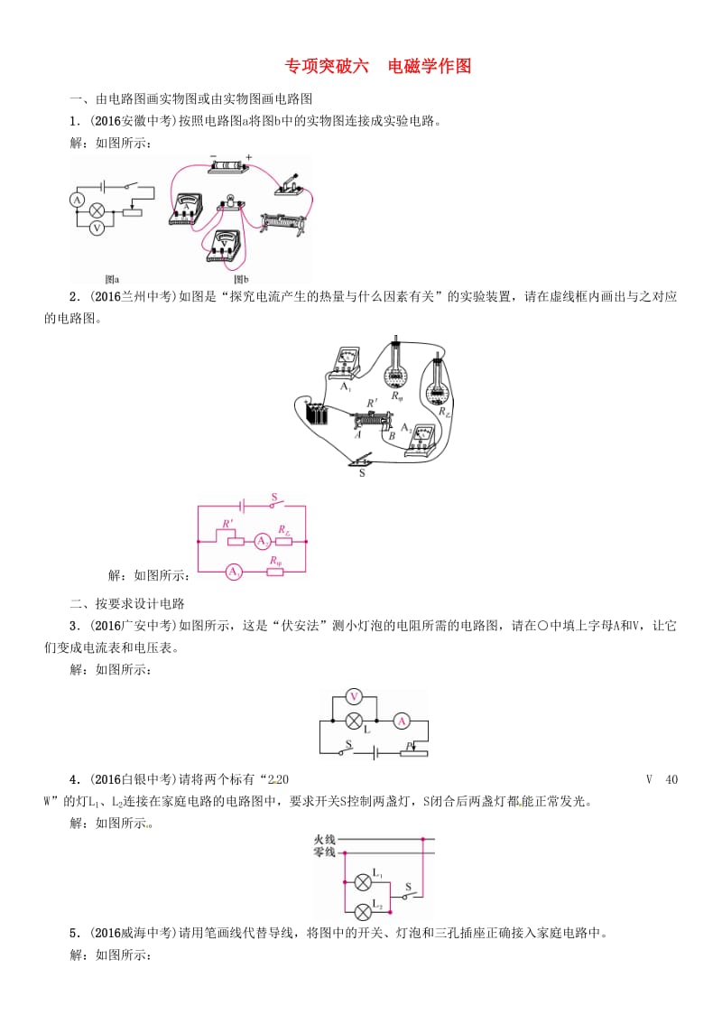 中考物理总复习 专项突破六 电磁学作图试题_第1页