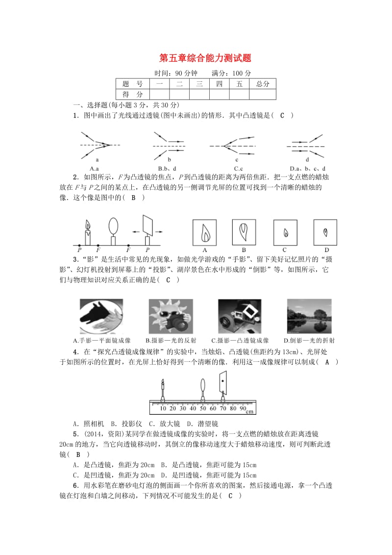 八年级物理上册 第5章 透镜及其应用综合能力测试题 （新版）新人教版_第1页