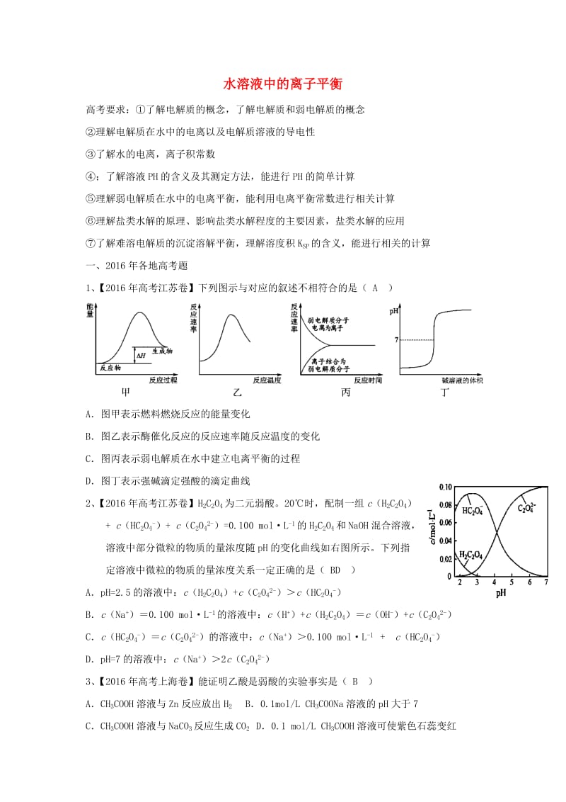 高三化学“补胎式”一轮复习第12周训练试题（水溶液中的离子平衡）_第1页