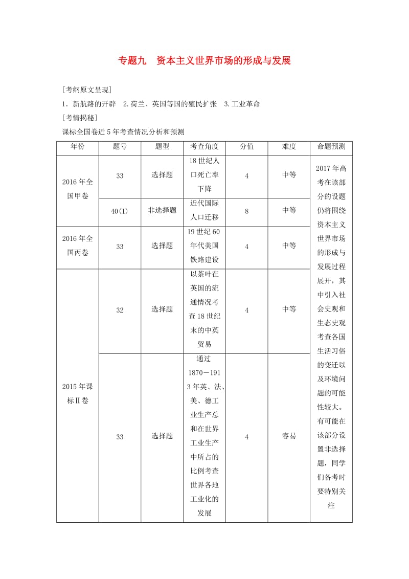 高三历史二轮复习 第1部分 模块2 第一环节 专题突破——串点成线 专题九 资本主义世界市场的形成与发展教师用书_第1页