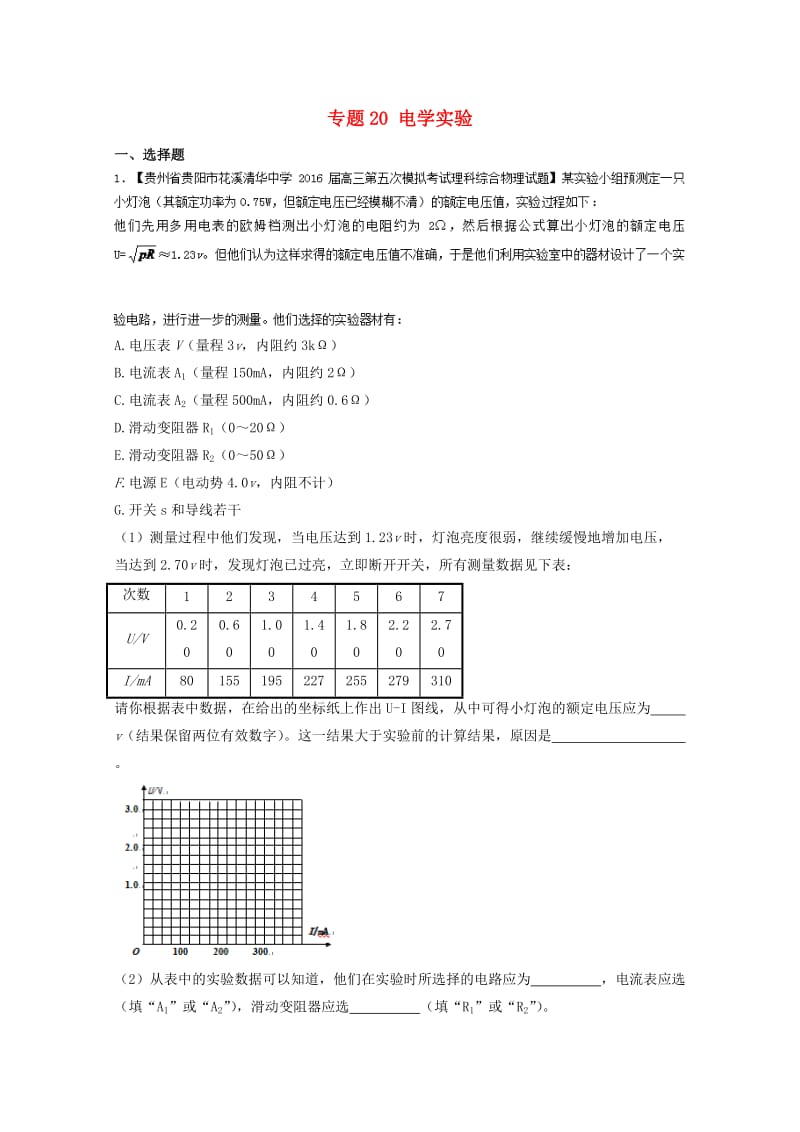 高三物理（第01期）好题速递分项解析汇编 专题20 电学实验（含解析）_第1页