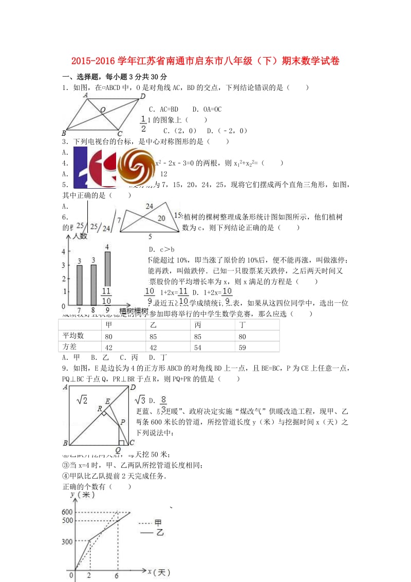 八年级数学下学期期末试卷（含解析） 新人教版39_第1页