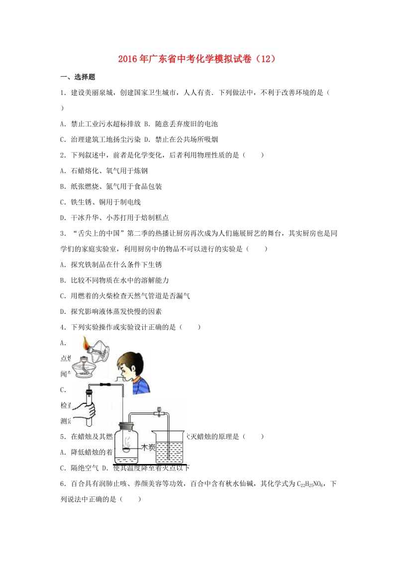 中考化学模拟试卷（12）（含解析）_第1页