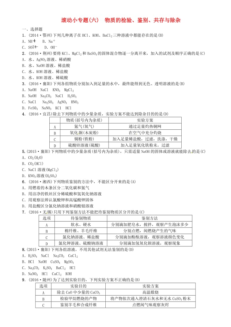 中考化学总复习 滚动小专题（六）物质的检验、鉴别、共存与除杂试题1_第1页