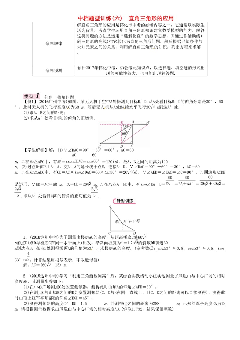 中考数学总复习 第二编 中档题型突破专项训练篇 中档题型训练（六）直角三角形的应用试题_第1页