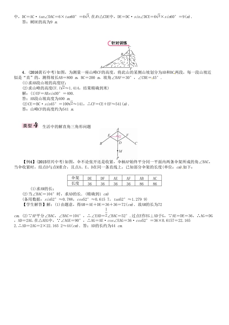 中考数学总复习 第二编 中档题型突破专项训练篇 中档题型训练（六）直角三角形的应用试题_第3页