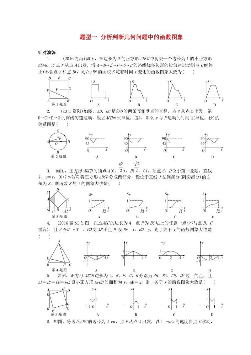 中考数学 第二部分 题型研究 题型一 分析判断几何问题中的函数图象试题_第1页