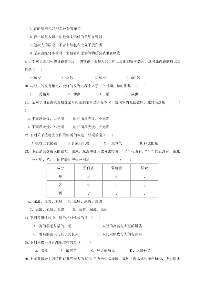 九年级生物上学期期中试题新人教版_第2页