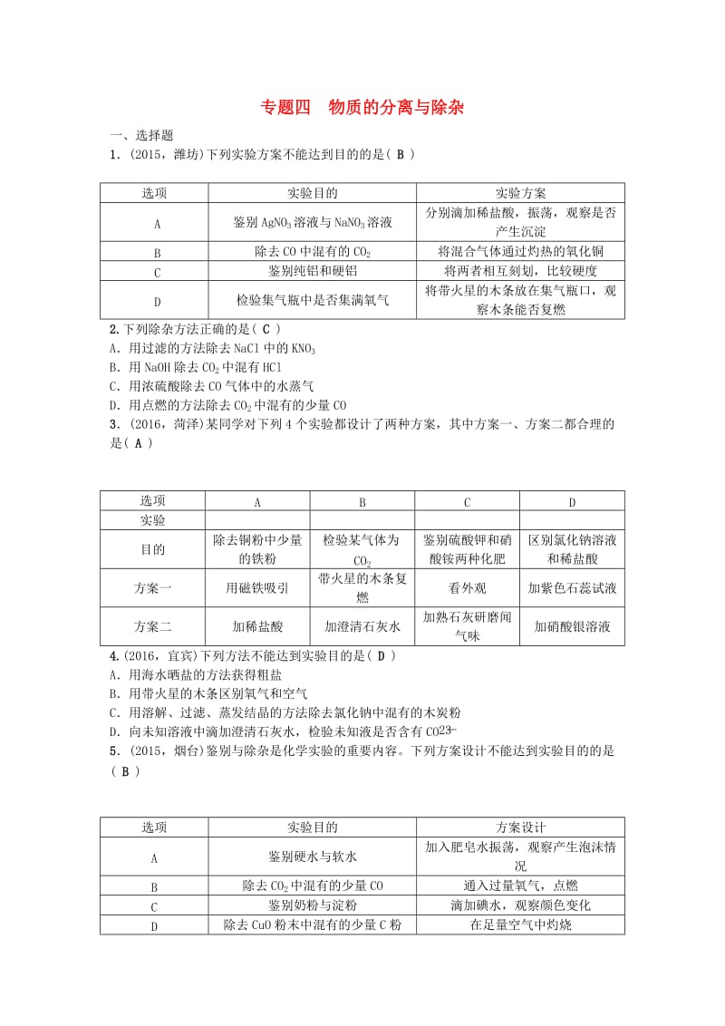 中考化学 第2篇 专题四 物质的分离与除杂试题1_第1页